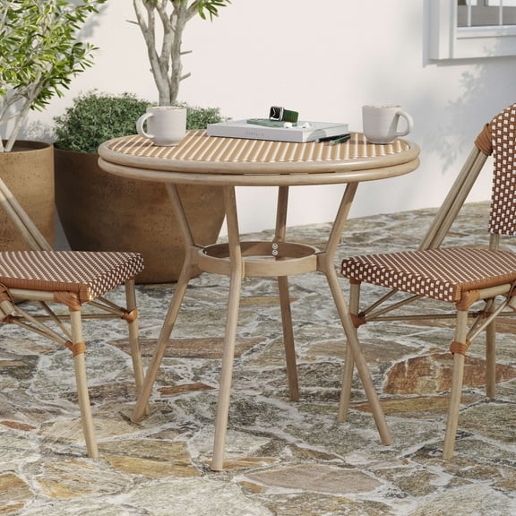 Merrick Lane French Bistro Style Table with Tempered Glass Top, Natural & White PE Rattan, and Light Bamboo Finished Metal Frame for Indoor/Outdoor Use