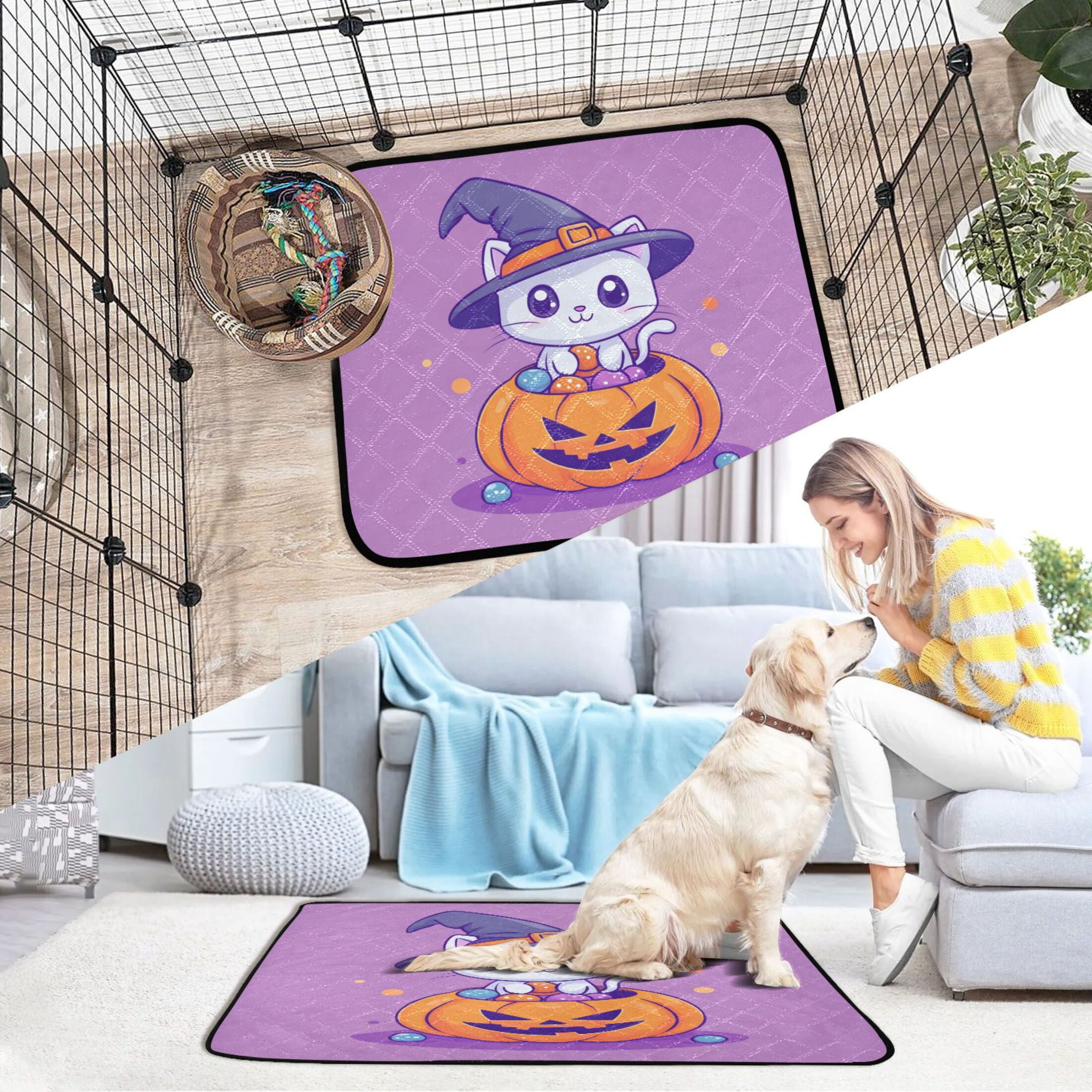 Qxltty A Cute Cat Sitting on Top Of Pumpkin Cat litter Pads Pet Set of 3 Diaper Mats Center Anti-leakage Layer Absorbent Soft and Comfortable