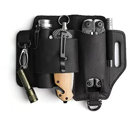 EDC Outdoor Tactical Tool Holster Leather Tool Waist Bag Survival Gear Pouch Outdoor Storage Bag (Black)