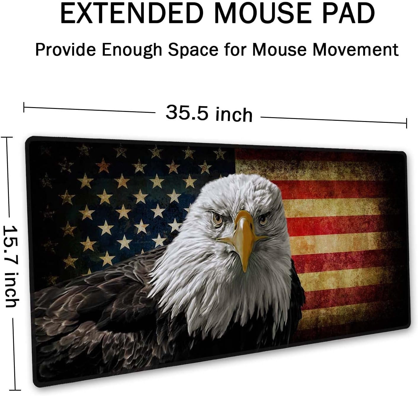 Extended Gaming Mouse Pad - Non-Slip Water-Resistant Rubber Base Computer Keyboard Mouse Mat, 35.4x15.7-inch XX-Large Desk Mat, Ideal Partner for Work & Game, American Bald Eagle on Grunge Flag