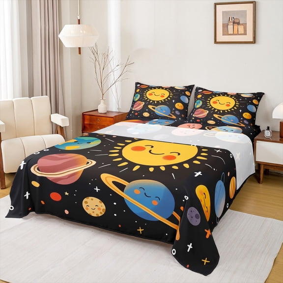 Manfei Cute Cartoon Planet Twin Sheet Sets,Kawaii Sun Twin Fitted Sheet,Colorful Universe Galaxy Flat Sheet For Boys Teens,Super Cozy Room Decor,3 Pieces