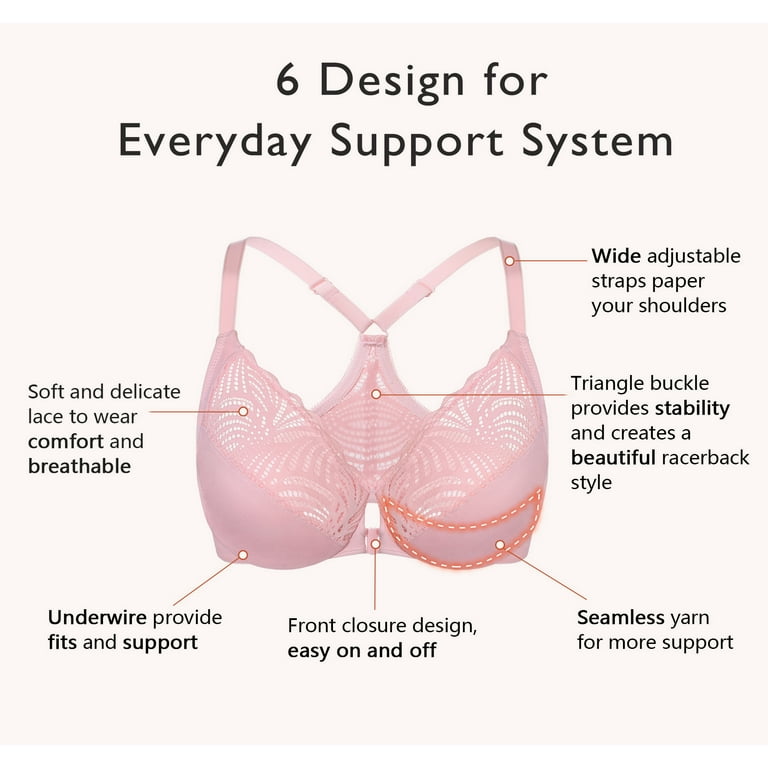 Exclare Racerback Full Figure Underwire Women's Front Close Bra Plus Size  Seamless Unlined Bra For Large Bust(Pink,34G)