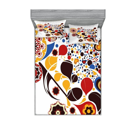Ambesonne Abstract Fitted Sheet & Pillow Sham Set, Flowers Hearts Notes, Full, Multicolor