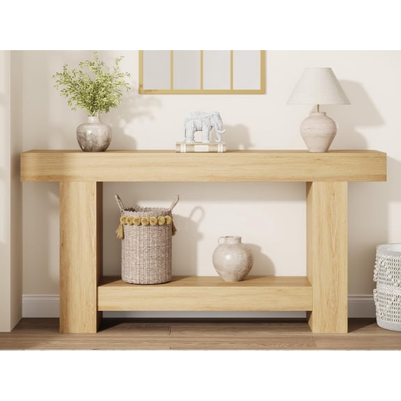 Farmhouse Console Table for Entryway – 2-Tier Wooden Sofa Table with Storage Shelf – Long Accent Table for Living Room, Hallway, or Behind Couch