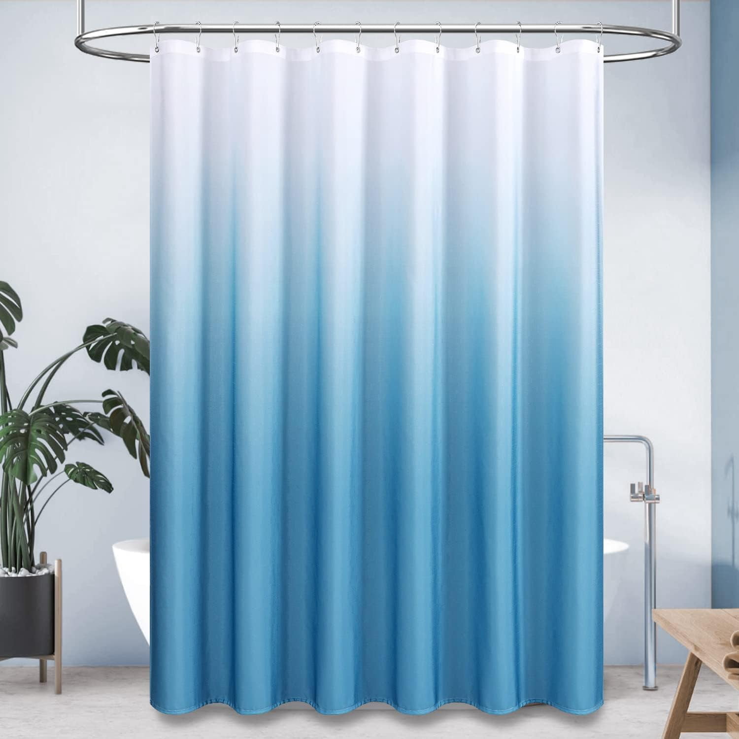 Extra Long Shower Curtain - 84 Inch Long Ombre Linen Textured Fabric Shower Curtain Set with Metal Hooks, Tall Modern Simple Neutral Polyester Shower Curtains for Bathroom, 72x 84, Blue Grey