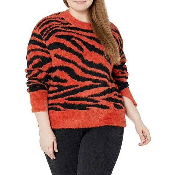 KENDALL + KYLIE Crew Neck Cropped Jacquard Sweater Burnt Orange / Black ( S )