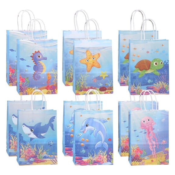 12 Pcs Ocean Theme Party Favor Bags, Underwater World Creatures Print Goodie Bags, Party Candy Bags with Handle