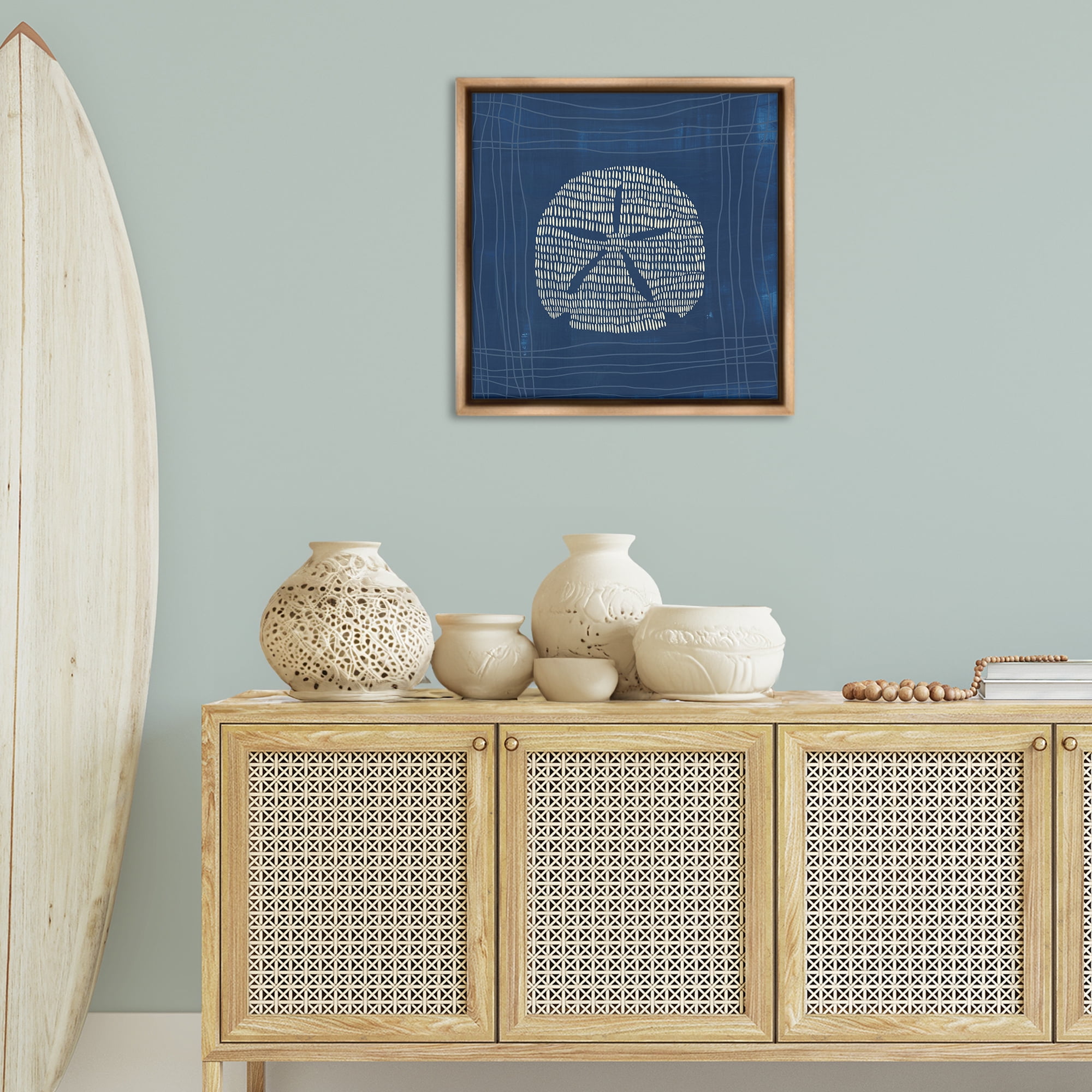 Stupell Industries Sand Dollar on Blue Coastal Painting Brown Floater Framed Canvas Art Print Wall Art, 25 x 25
