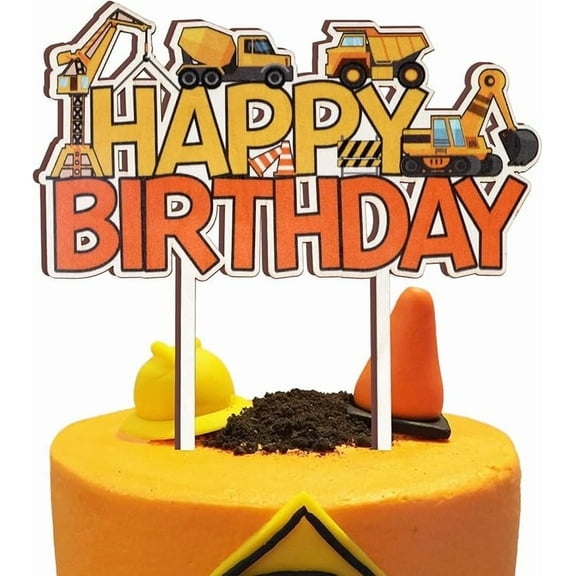 Construction Happy Birthday Wooden Cake Topper Engineering Vehicle Cake Pick, Truck Excavator Forklift Themed Birthday Party Decorations Supplies