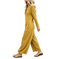 thumbnail image 4 of Womens Jumpsuits Knit Button Long Sleeve Jumpsuit Waffle Casual Round Neck Wide Leg Romper With Pockets Fall Winter Daily Wear, 4 of 7