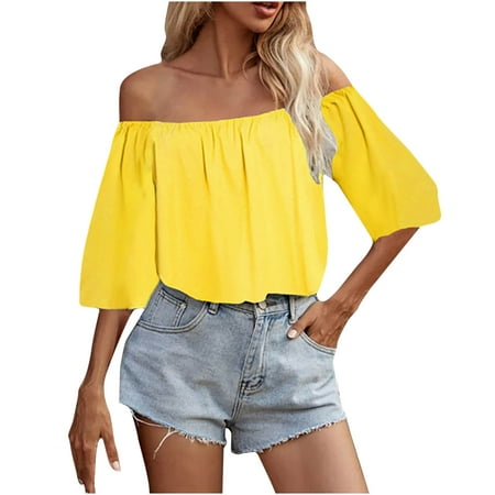 

Corset Tops for Women Floral Women s One-Shoulder Solid Color Top Three-Quarter Sleeve Top Blouse T-shirt Short Sleeve Birthday Tops for Women Yellow S