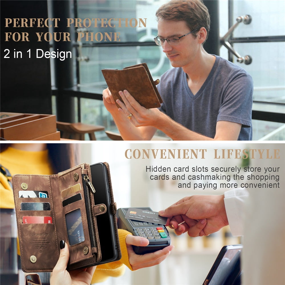 CaseMe Leather Case for Samsung Galaxy S20 Plus 5G,2 in 1 Detachable Wallet Case with 8-Card Holder Zipper Bills Slot,Magnetic Shockproof Flip Leather Cover Zipper Pocket Phone Cases,Brown