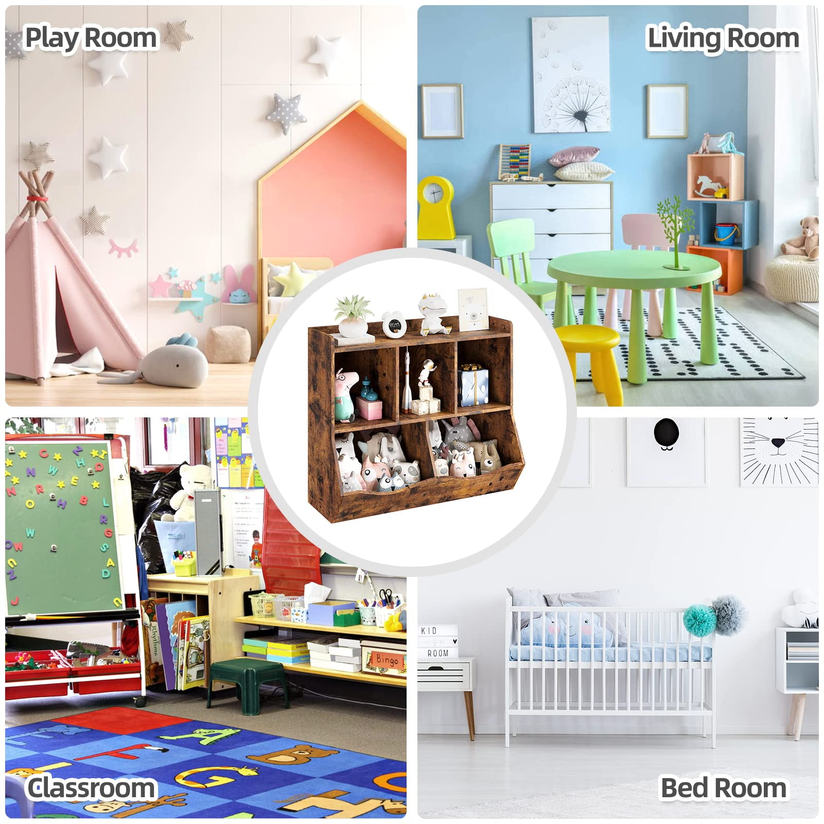 Kids Toy Storage with Bookshelves, Multifunctional Toy Storage Organizer, Toys Box with 5 Storage Compartments, Kids Bookcases Cabinets for Playroom, Bedroom, Nursery, Preschool