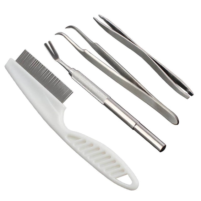 Methold 4pcs / Set Juego de herramientas para eliminar garrapatas Humanizado Antideslizante Prácticas pinzas de horquilla de acero inoxidable y Suministros para perros
