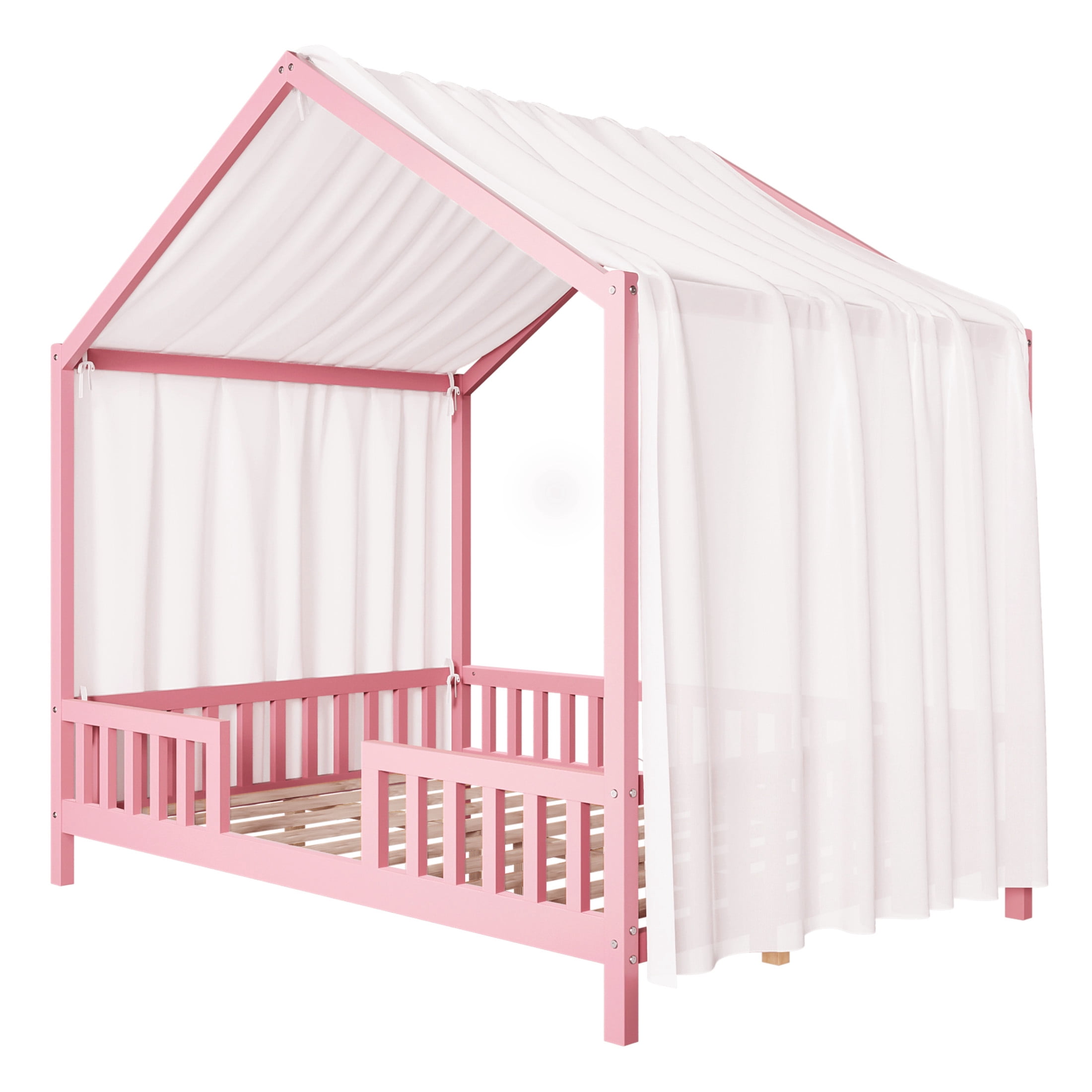 Noble House Full Floor Bed with Canopy and Guardrails, Wood House Bed Frame for Kids, Pink