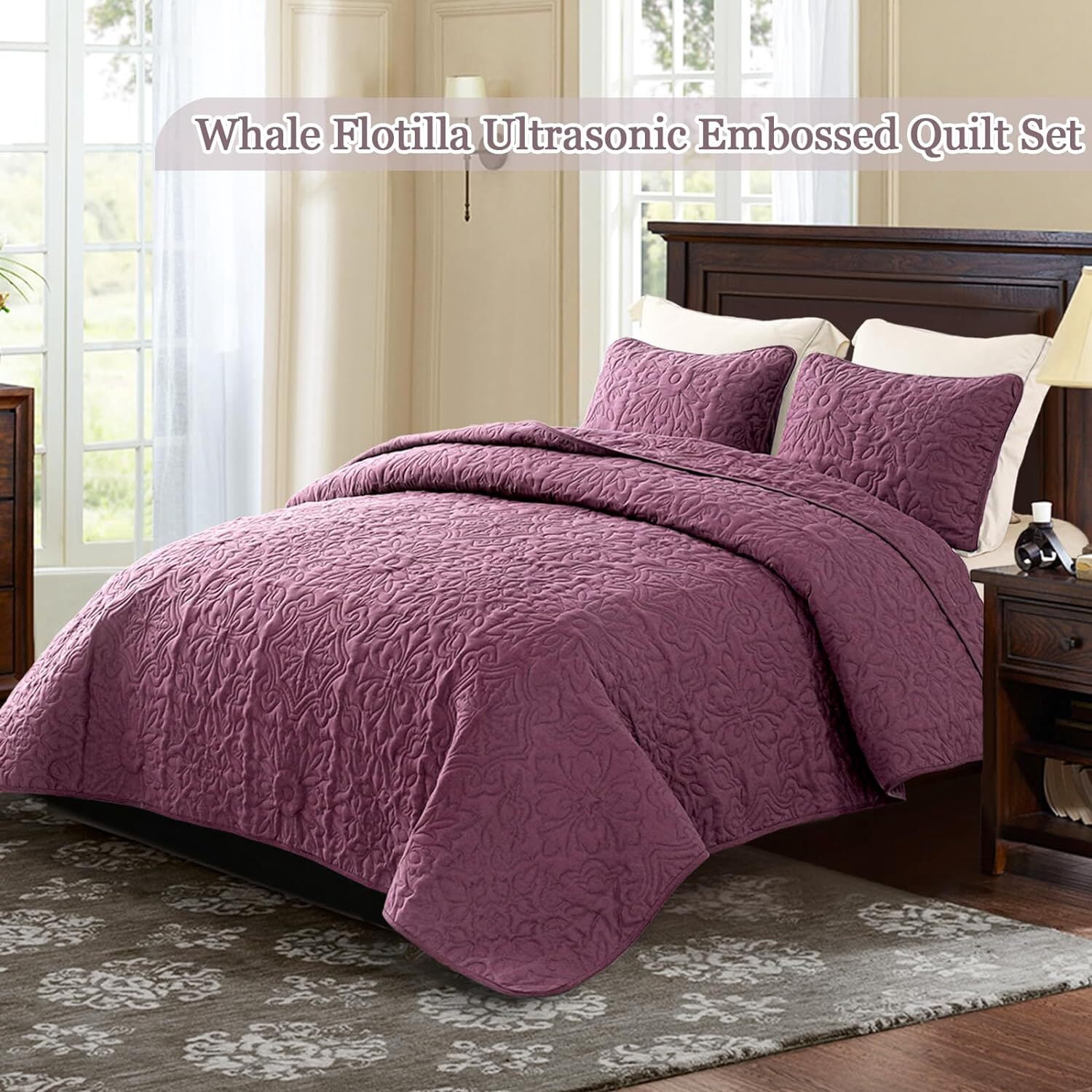 Whale Flotilla 3-Piece King Quilt Set, Soft Ultrasonic Embossed Bedding Set, Lightweight Bedspread Coverlet with Boho Vintage Pattern, Reversible Bed Cover for All Seasons, Dusty Lavender