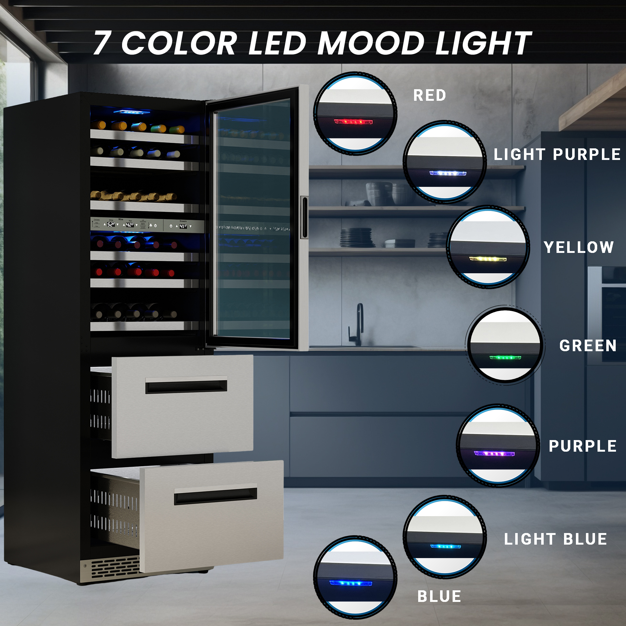Equator Advanced Appliances Connoisseurs Club 3-Zone 84 Bottle Wine & Beverage Refrigerator, 7 LED Lights 2 Drawers 110V