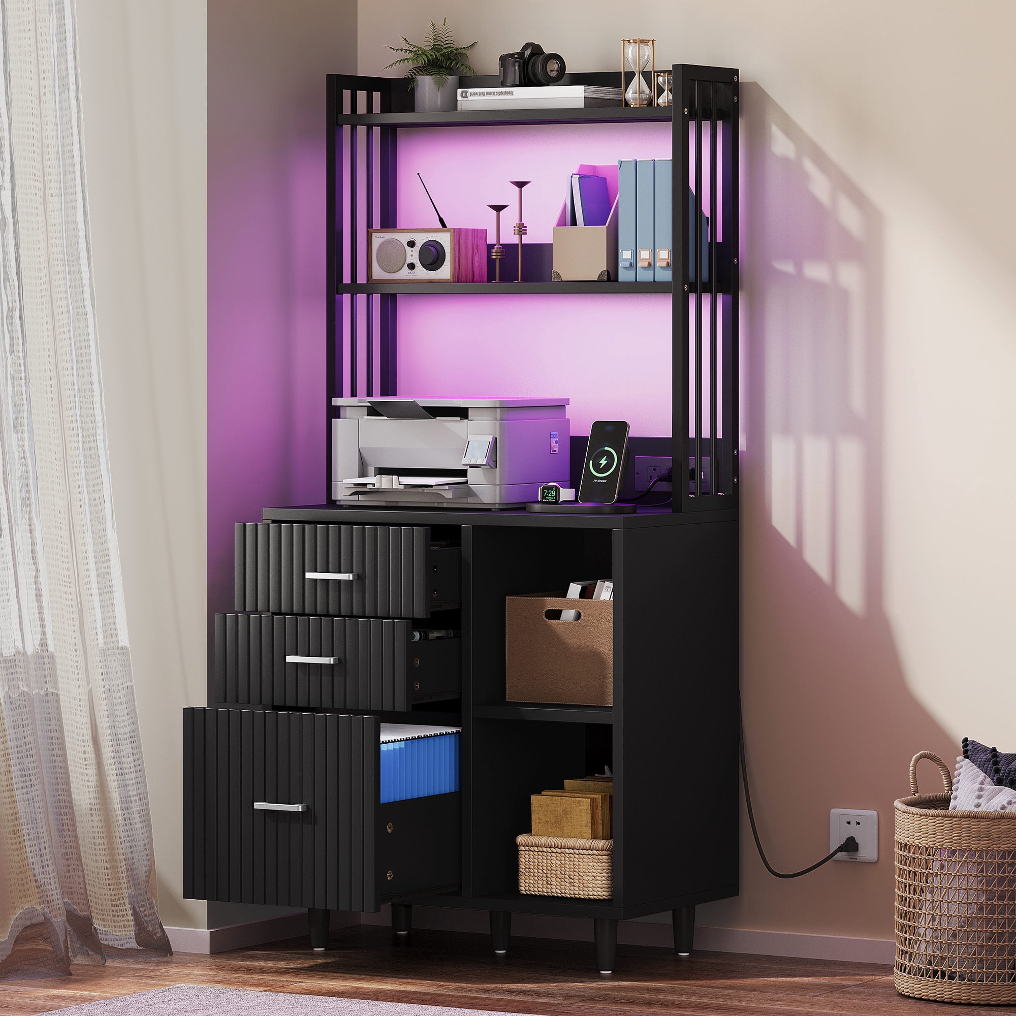 Uforic File Cabinet with 3 Drawer & Open Storage Shelves, Wood File Cabinet with LED Light & Charging Station, Tall Office cabinet with 3 Shelves, Printer Stand for Home Office, Black