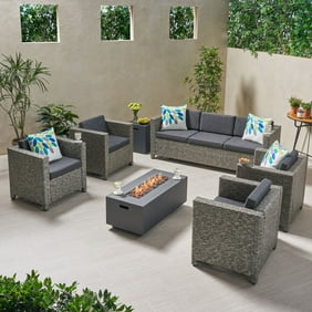 Simona Outdoor 7 Seater Wicker Chat Set With Fire Pit Mix Black