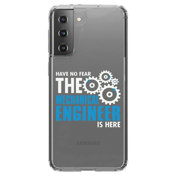 DistinctInk Clear Shockproof Hybrid Case for Galaxy S21 5G (6.2" Screen) - TPU Bumper Acrylic Back Tempered Glass Screen Protector - No Fear Mechanical Engineer is Here