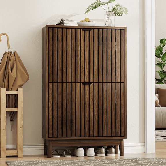 Smuxee 16-20 Pairs Shoe Storage Cabinet with Flip - Down Drawers, Wooden Freestanding Shoe Organizer for Entryway,23.6"W Walnut