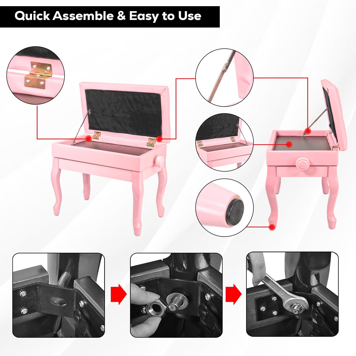 5 CORE Piano Bench with Storage Thick Padded Cushion 3 Inch Adjustable Height Solid Wooden Keyboard Musician Seat with PU Leather Cushion Cherry Pink - PNB WD HD PNK