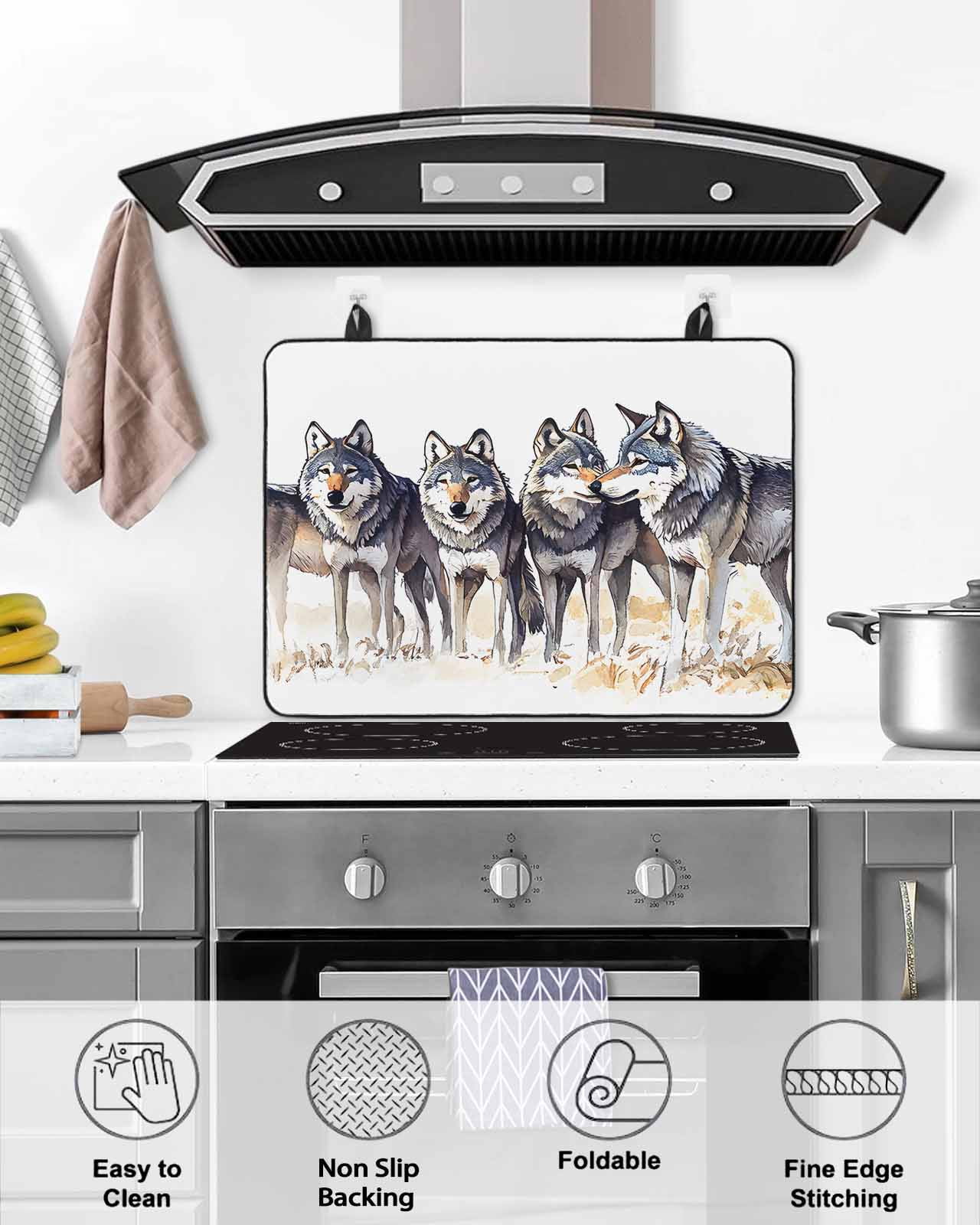 nqOlkjepod Large Induction Cooktop Protector Mat 24"x21", Vintage Wolves Stove Top Covers for Electric Stove, Vintage Chic Watercolor Animals Stove Burner Cover Mats, Glass Top Stove Cover