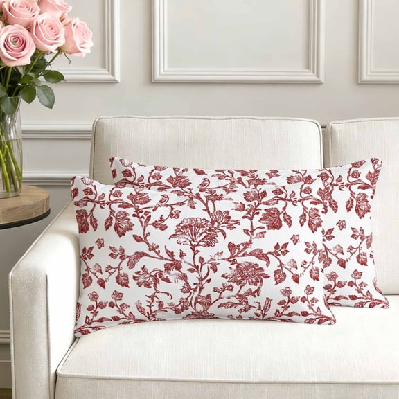 Set of 2 Dark Red Floral Paisley Pillow Covers 12x20 Inch, Boho Leaf Vintage Farmhouse Linen Decorative Throw Pillow Cases Cotton Cushion Covers for Sofa Couch Bed Living Room Bedroom Home Decor