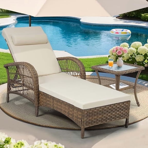 MEETWARM Outdoor Wicker Chaise Lounge Chair, All-Weather PE Rattan Cushioned Patio Lounger Set with Side Table, 6-Position Adjustable Outside Pool Sunbathing Recliner with Armrest & Pillow, Beige