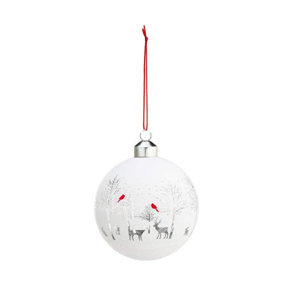 DEMDACO Etched Winter Deer Scene White Ball 4 x 4 Blown Glass Christmas Decorative Hanging Ornament