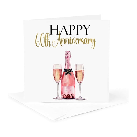 3drose, Happy 60th Anniversary Pink Champagne for Two, 1 Greeting Card with Envelope