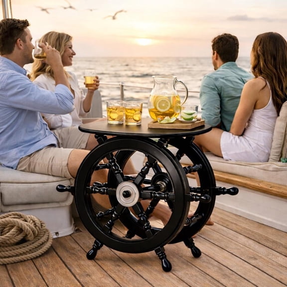 Pirate's Black Nautical Handcrafted Wooden Side Table - Ship Wheel Accent Stool for Living Room & Bedroom | Vintage Marine Theme Decorative End Table