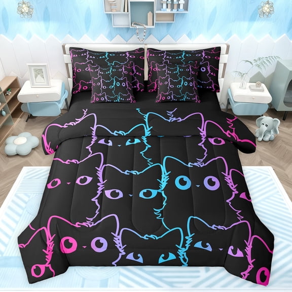 jejeloiu Kawaii Cat 7-Piece Twin Bedding Sets,Cartoon Cute Kitten Bedding Comforter Set,Neon Gradient Striped Sheet Sets For Girls Kids,Luxury Bedroom Decor Reversible