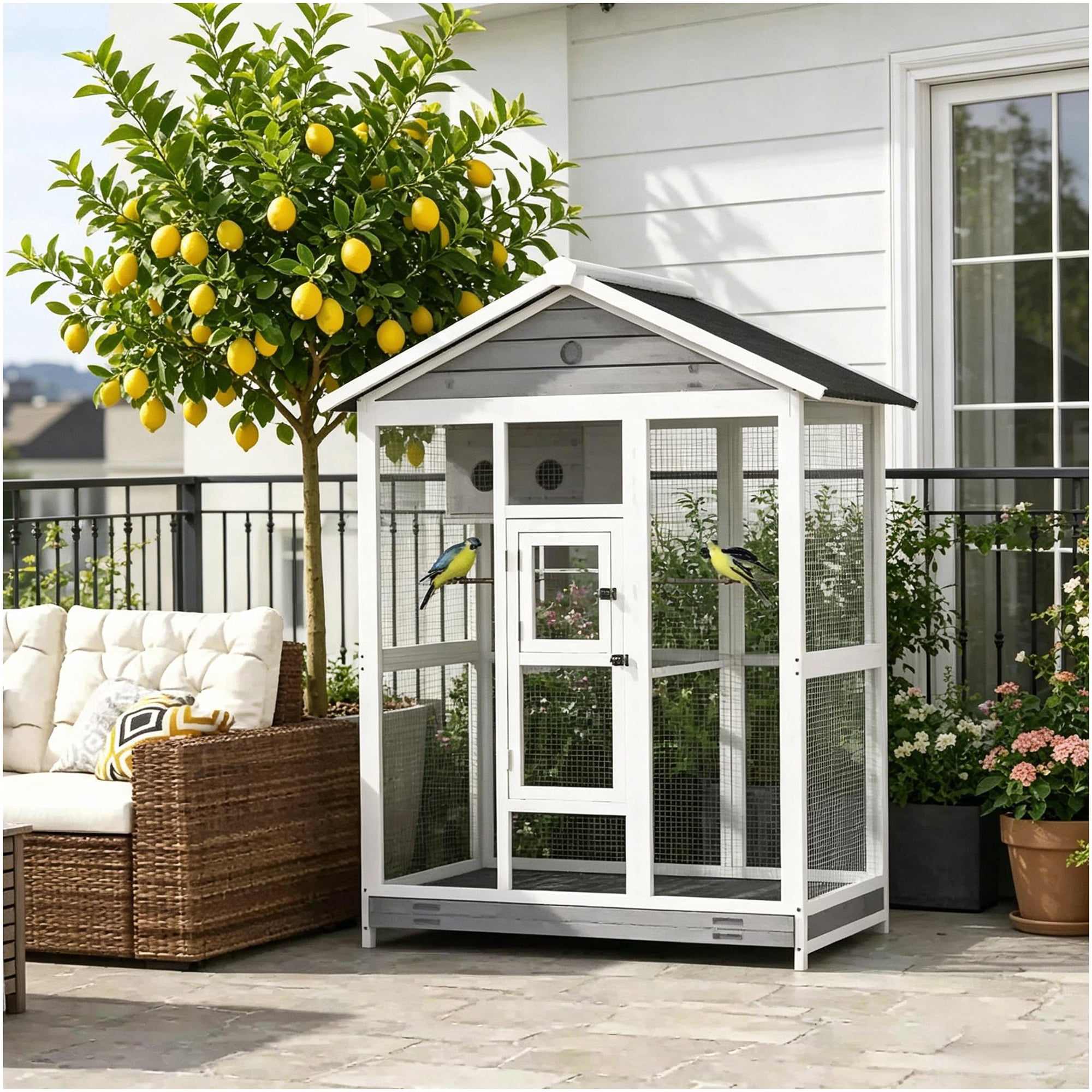 Spacious Wooden Bird Cage Aviary for Finches, Indoor Outdoor Pet House with Perches, Nest Box, Gray Finish