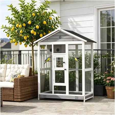 Spacious Wooden Bird Cage Aviary for Finches, Indoor Outdoor Pet House with Perches, Nest Box, Gray Finish