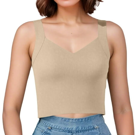 XADYUY Tank Top with Built In Bra for Teen Girls Double Lined V Neck Shapewear Sleeveless Slimming Sports Yoga Tank Tops Basic Crop Yoga Top Complexion One Size