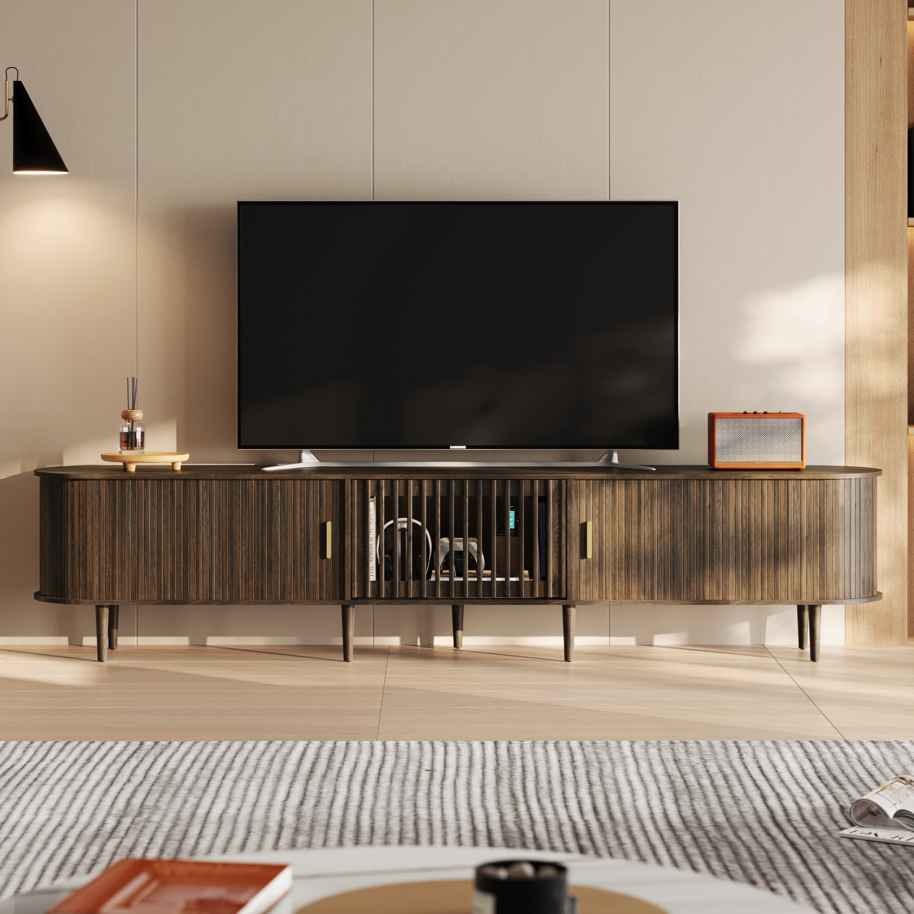 CHIC HOUSE 95" Extra Long TV Stand for 85/90/98/100" TVs with LED Light, Mid-Century Modern Entertainment Center with Storage Shelves & Sliding Tambour Door, Walnut