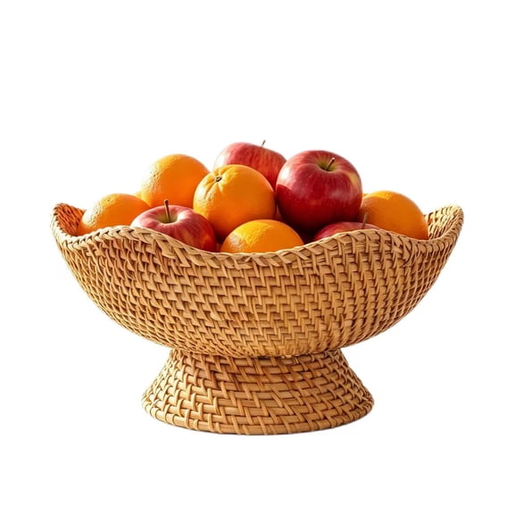 Rattan Fruit Bowl, Small Round Wicker Basket, Natural Pedestal Bowl for Fruit Bread Storage Organization, Dining Table Centerpiece, 9.8''x9.8''x5.5''