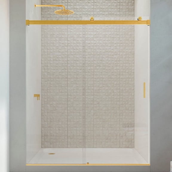 Seawin Runway 44 - 48 x 77 inches Frameless Sliding Shower Door 3/8 in. (10 mm) Clear Tempered Glass with NanoShield Coating LED Rollers Satin Gold