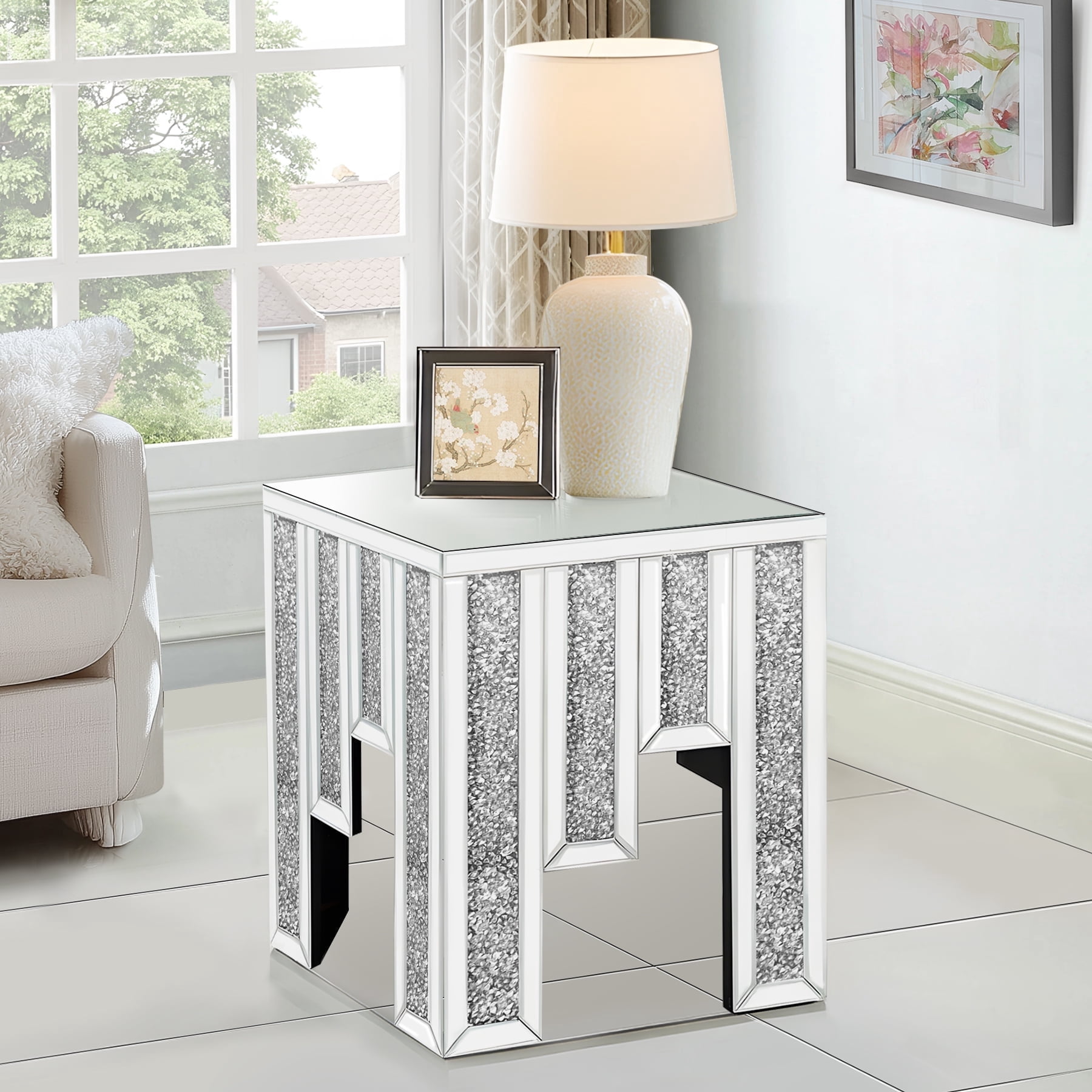 Modern Crystal Mirrored Side Table, Living Room End Table, Bedside Table, Nightstand, Silver