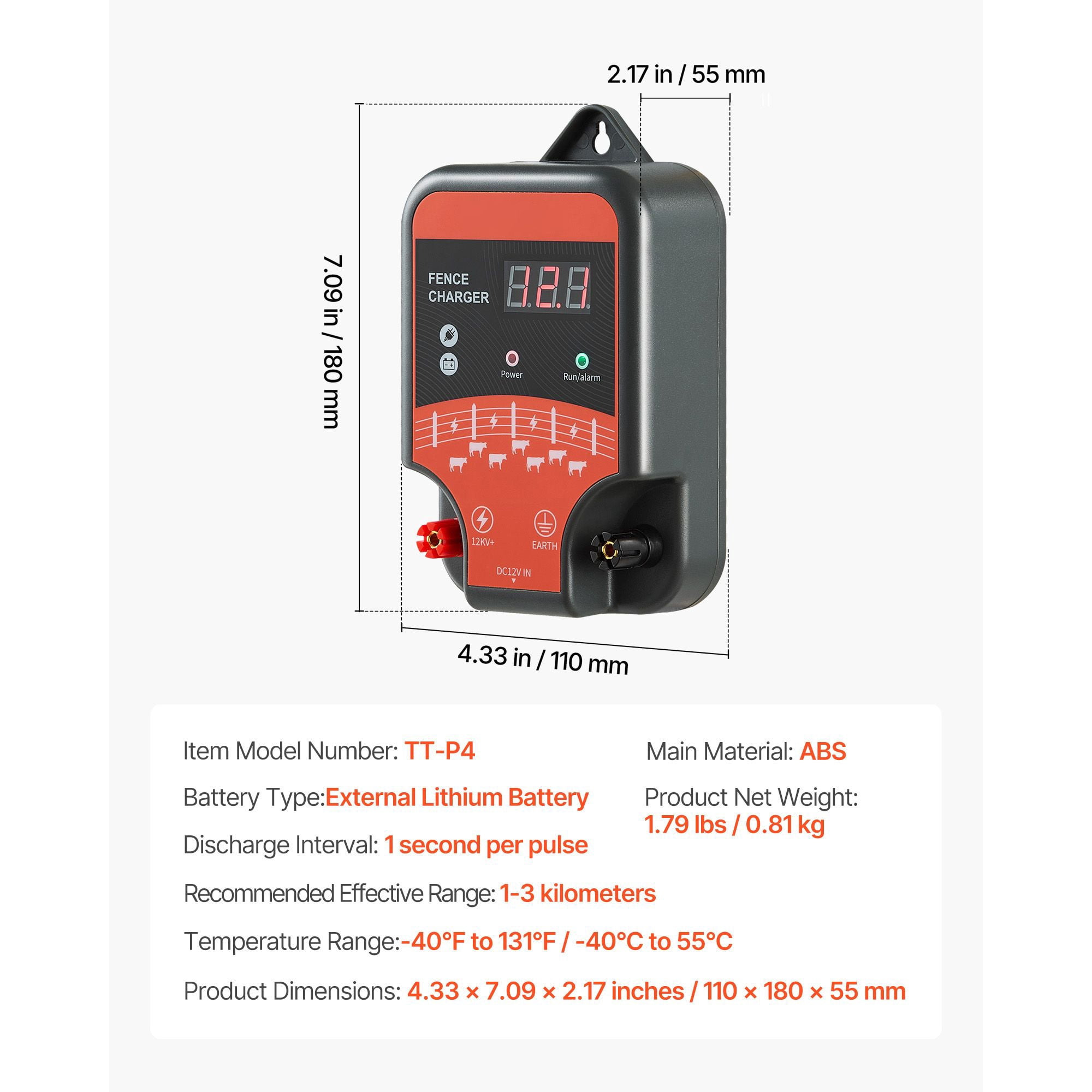 Electric Fence Charger, 3 Joule 12kV Output, Supports AC/DC/Solar Power, IP65 Waterproof, -40°F to 131°F, 1-3 km Range for Livestock and Wildlife Protection