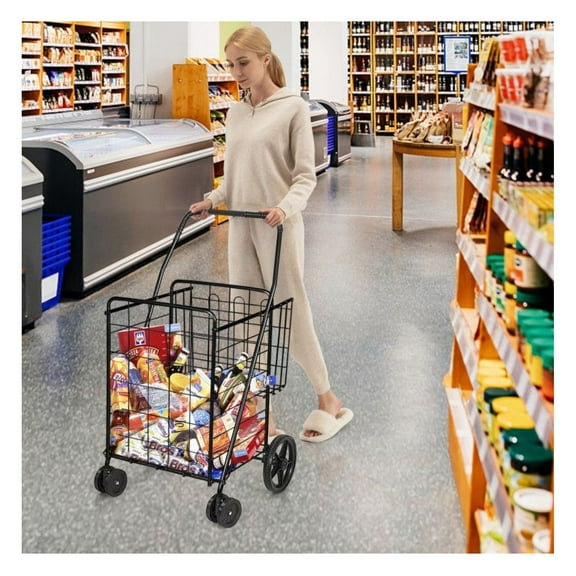 Folding Shopping Cart with Wheels - Dual Basket Rolling Utility Cart, 88lbs Capacity - Portable Laundry Cart for Groceries, Home, Apartment, Travel, Black/Silver