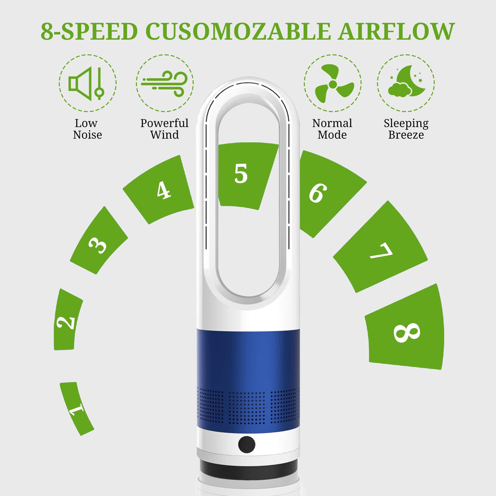 Simenmax 22'' Bladeless Tower Fan, 80° Oscillating Quiet Cooling Fan, 8 Speeds & 8H Timer, Remote Control with LED Display for Home Office Living Room,Blue
