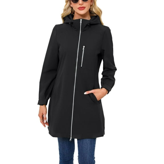 SWSMCLT Women's Hooded Rain Jackets Waterproof Long Full Zip Coat Rain Coats Outerwear Fall Casual Anoraks Hood Thigh Length Pockets Black 4