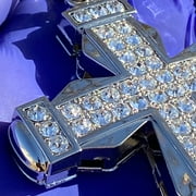 Mens Huge Flared Cross Fully Iced Pendant Cuban Link Hiphop Necklace Silver Tone Hip Hop Chain 30 Inch