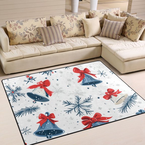 BZSMCE Vintage Area Rugs Christmas Blue Bowknot Bell and Snowflake Creative Area For Home