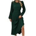 thumbnail image 2 of BVOFAR Women's Elegant Pleated Dress Lantern Sleeve Crew Neck A Line Dresses Solid Color Party Maxi Dresses with Belt, 2 of 9