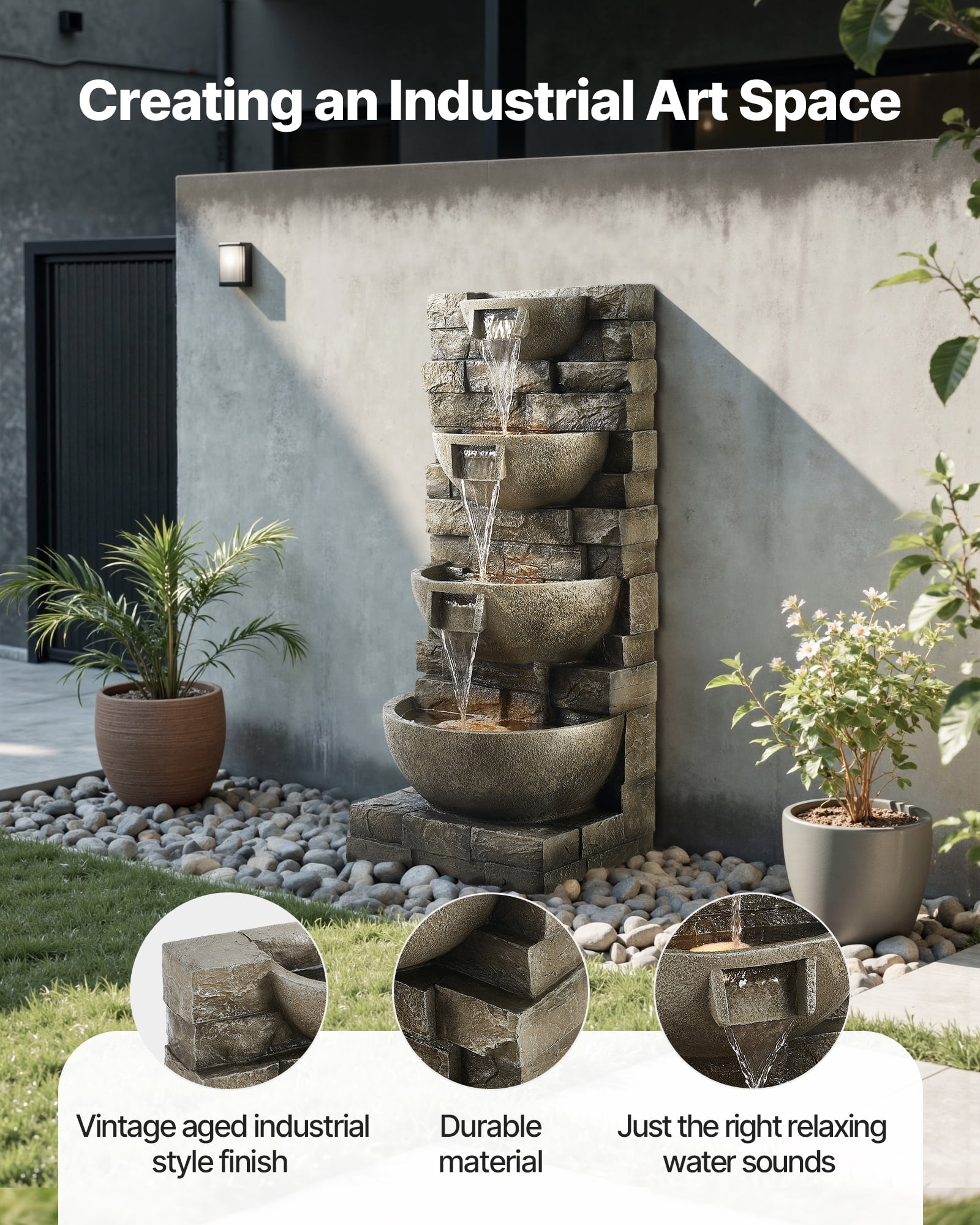VEVOR Outdoor Water Fountain,35.63 in Height Fountain and Waterfall, 4-Tier Floor Standing Cascading Fountains with LED Light and Pump, Block Stack Style, for Outdoor Indoor Garden, Patio & Backyard