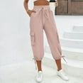 thumbnail image 2 of Tianiyouqing Cargo Capri Pants for Women Chinos Stretch Elastic Waist Wide Leg with 4 Pockets Stretchy Parachute Pants Quick Dry High Waisted Drawstring Twill Cropped Trousers Pink L, 2 of 9