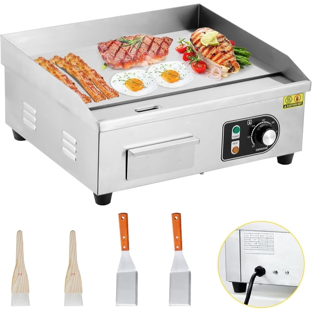 18 Inch Electric Griddle, 1600W Electric Countertop Griddle, Non-Stick Restaurant 110V Teppanyaki Flat Top Grill Stainless Steel Adjustable Temperature Control 122°F-572°F (with PLUG)